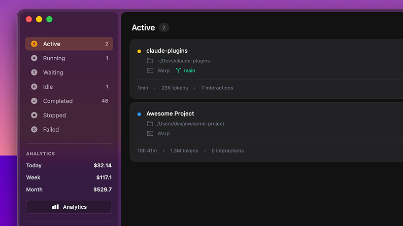 Renkei desktop app showing active Claude sessions